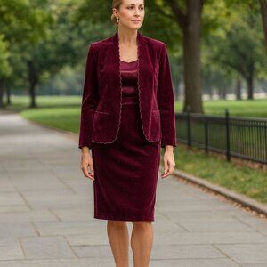 Vintage Accent Burgundy Blazer Skirt Velvet 2pc set‎